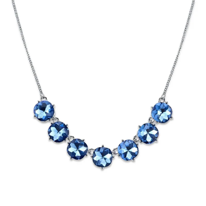 Women’s cubic zirconia necklace-2028 Jewelry Blue Round Faceted Cushion Shaped Glass Stone Collar Necklace 16" + 3" Extender