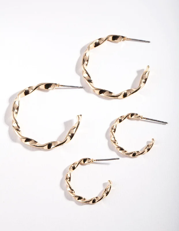 Women’s double hoop earrings-Gold Twisted Hoop Earring Pack