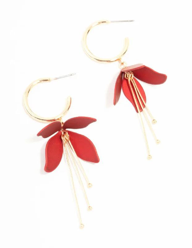 Women’s hoop earrings with diamonds-Red Pearlised Flower Drop Earrings