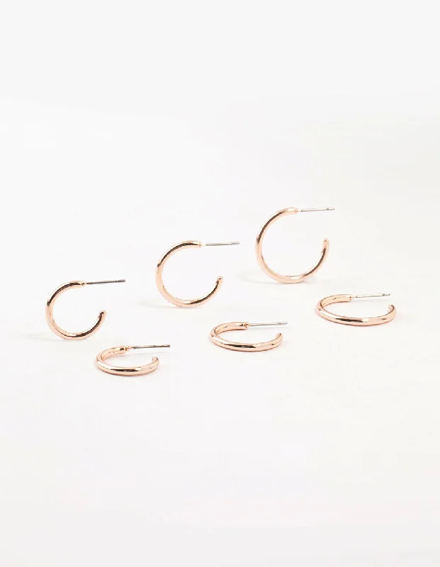 Women’s black diamond earrings-Rose Gold Plated Thin Hoop Earrings 3-Pack