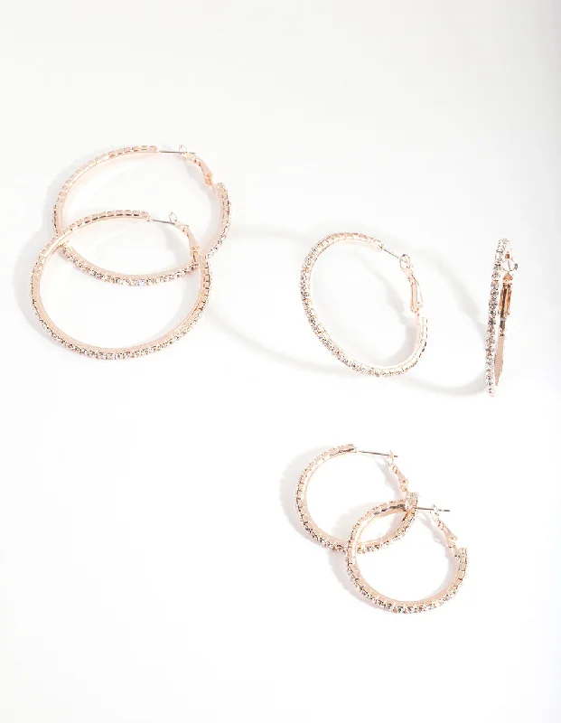 Women’s elegant drop earrings-Mixed Size Rose Gold Diamante Hoop Pack