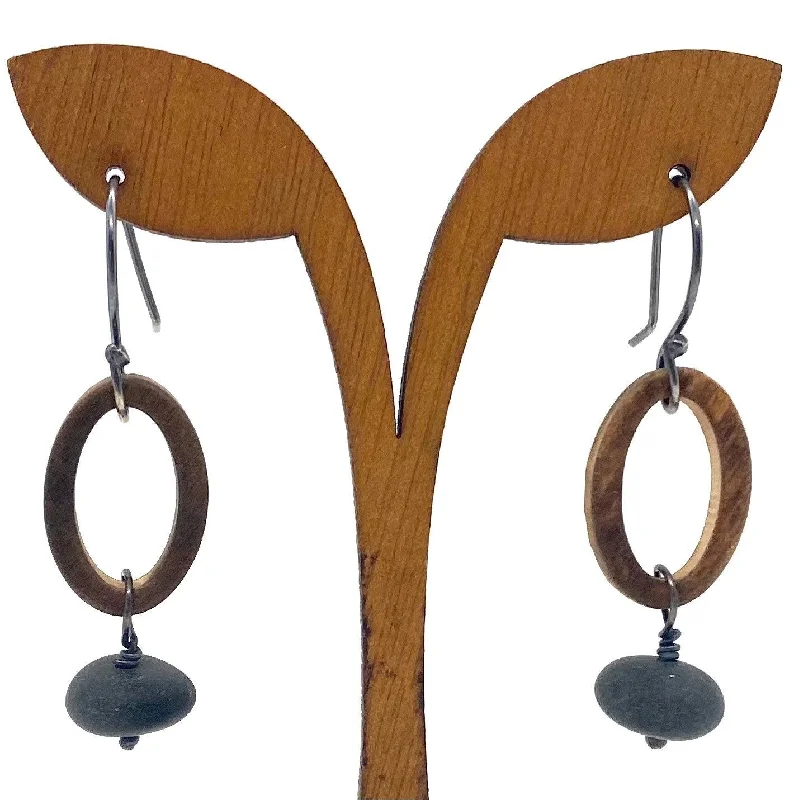 Women’s hoop silver earrings-Burned Wood Oval Ring & Rock Earrings