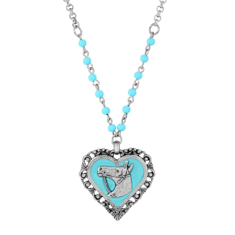 Women’s cubic zirconia necklace-1928 Jewelry Turquoise Beaded Rolo Chain Filigree Heart Horse Pendant Necklace 18"