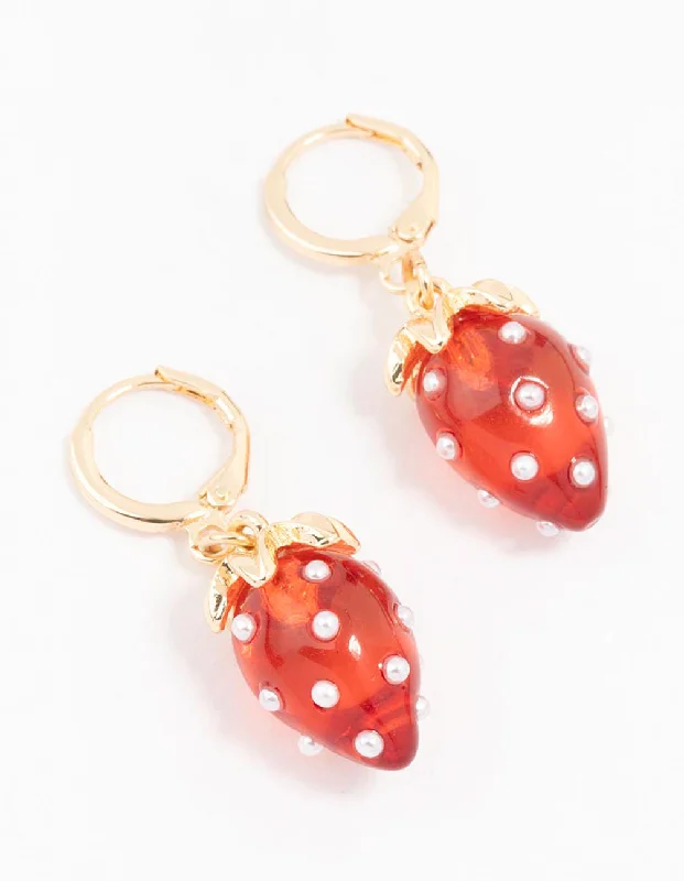 Women’s handmade earrings-Gold Pearl Strawberry Hoop Earrings