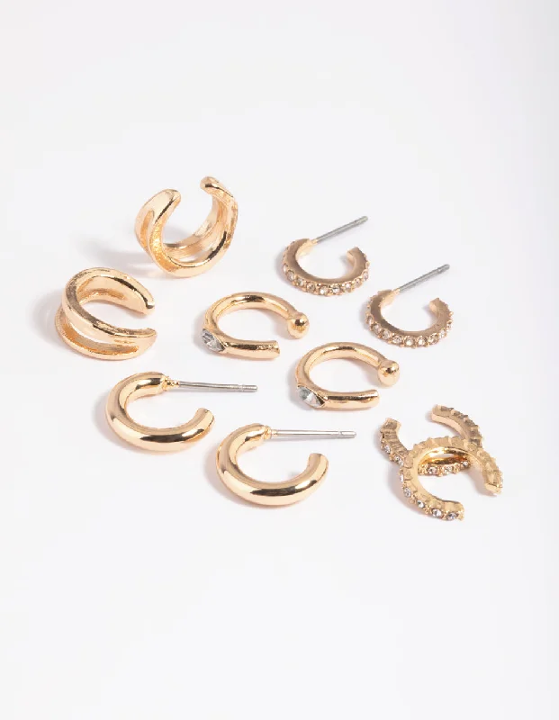 Women’s stud earrings-Gold Diamante Cuff & Huggie Earring Stack 5-Pack