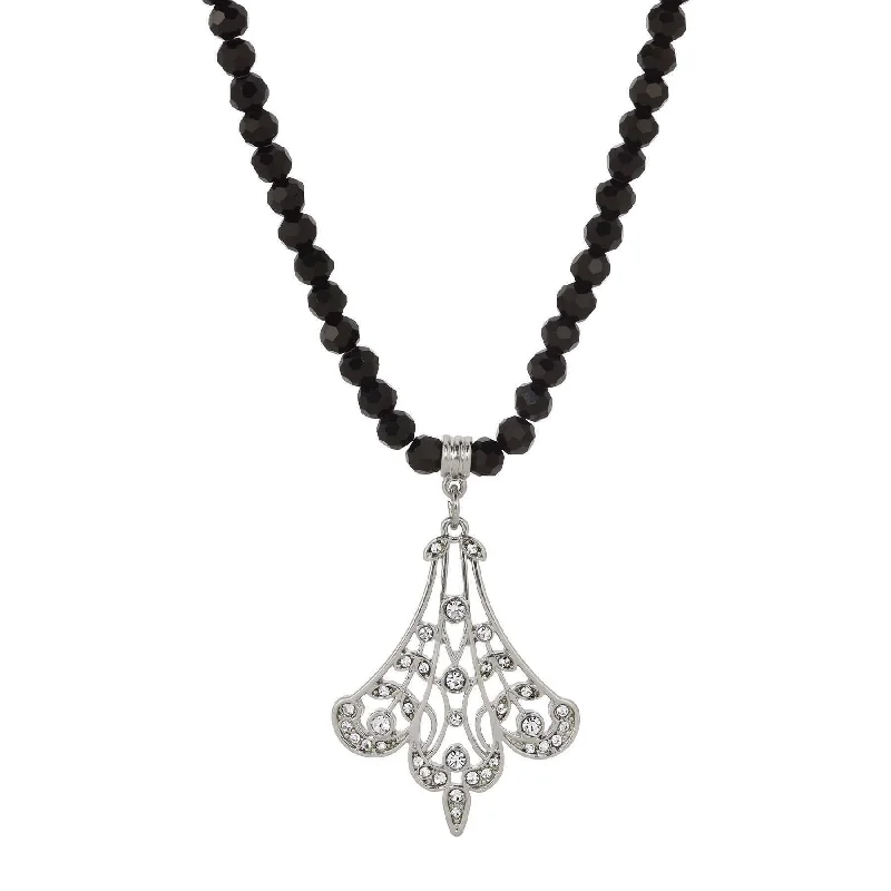 Women’s gemstone necklace-1928 Jewelry Minuit Black Glass Strand Bead Silver Filigree Fan & Crystals Pendant Necklace 15" + 3" Extender