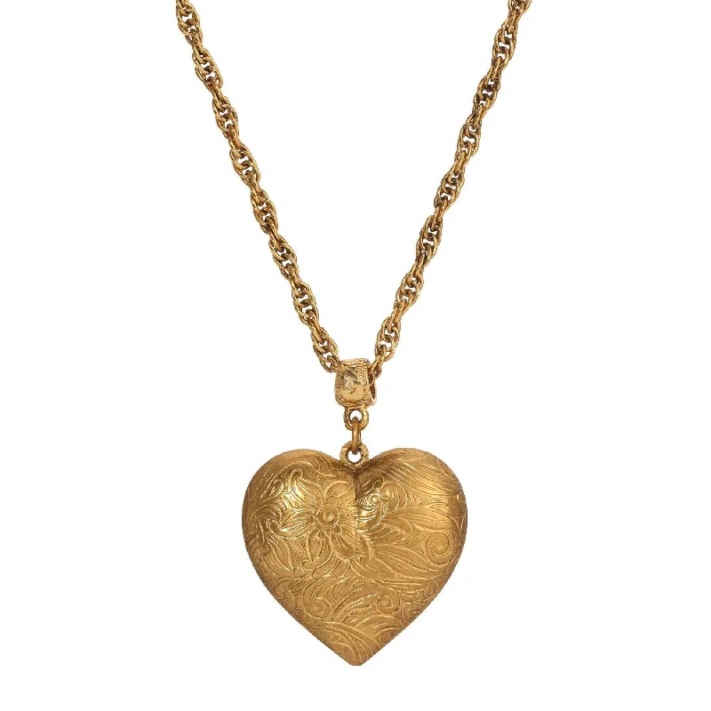 Women’s cocktail necklace-1928 Jewelry Gold Etched Floral Heart Pendant Necklace 16" + 3" Extension