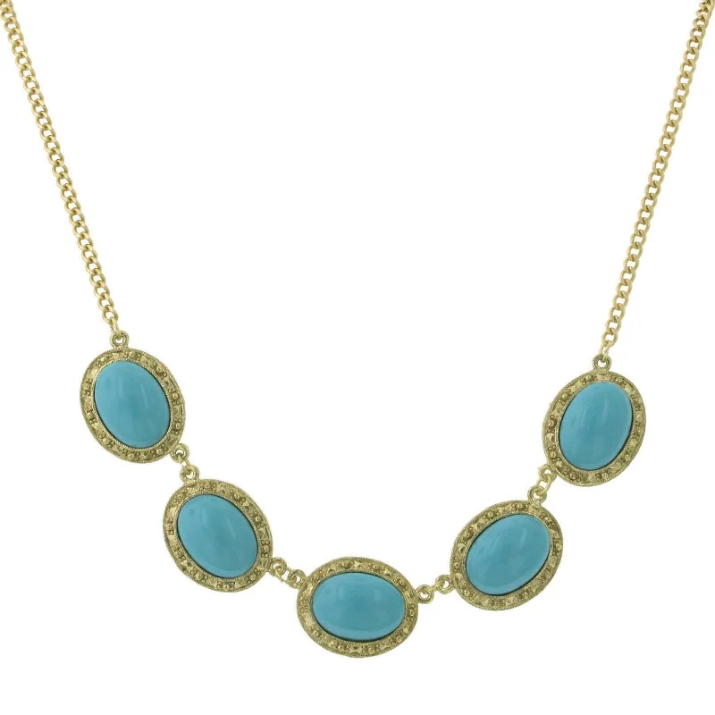 Women’s multi-strand necklace-2028 Jewelry Turquoise Color Five Oval Stone Necklace 16" + 3" Extender