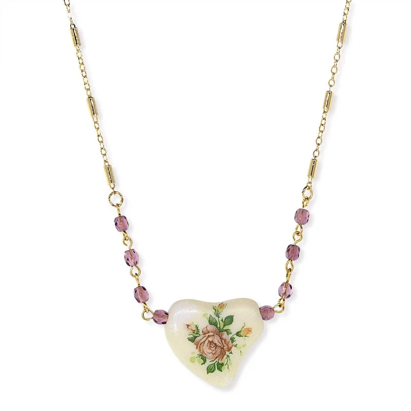 Women’s zodiac necklace-1928 Jewelry Purple Beaded White Heart With Pink Floral Decal Necklace 16" + 3" Extender