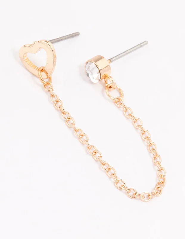 Women’s rose gold hoop earrings-Gold Diamante & Heart Chain Earrings