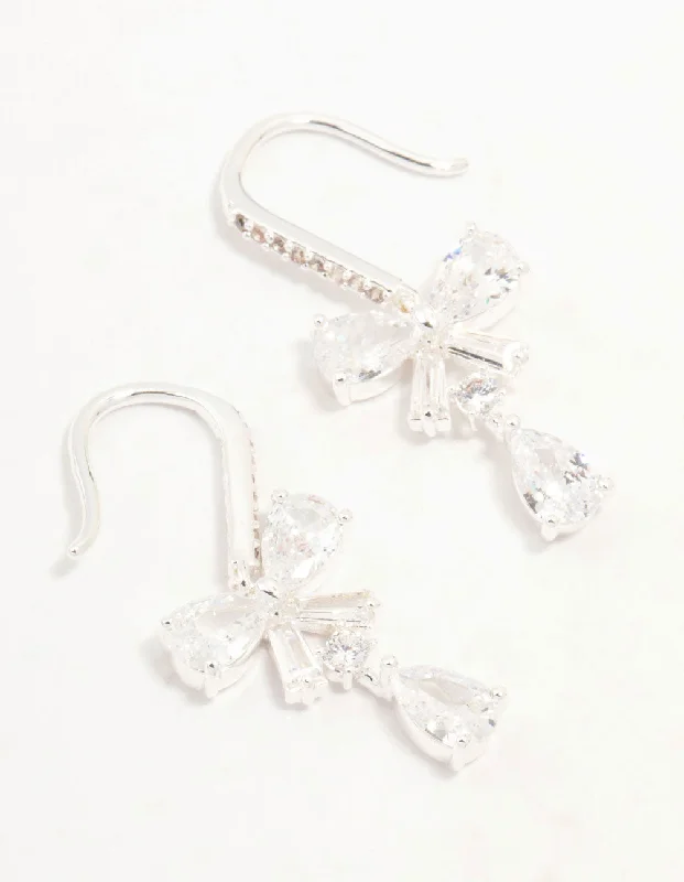 Women’s silver drop earrings-Silver Plated Pear Cut Cubic Zirconia  Bow Hook Earrings