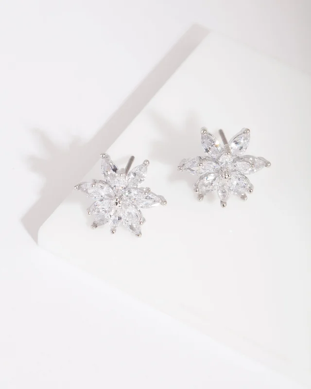 Women’s flower earrings-Silver Diamond Simulant Elegant Flower Stud Earring