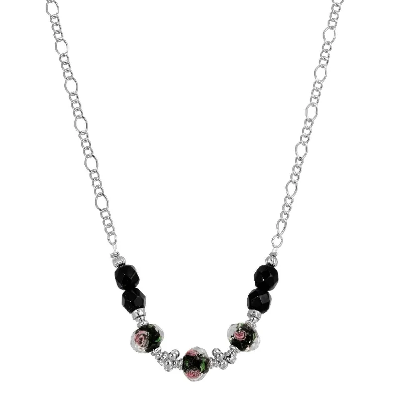 Women’s double chain necklace-1928 Jewelry Black Floral Beaded Necklace 16"