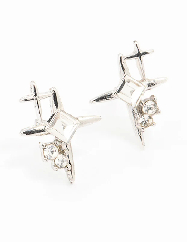 Women’s trendy earrings-Silver Diamante Star Cluster Stud Earrings