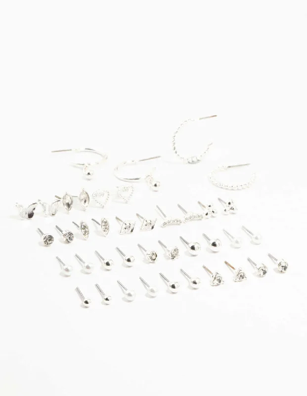 Women’s designer earrings-Silver Multiple Stud & Hoop Earrings 20-Pack