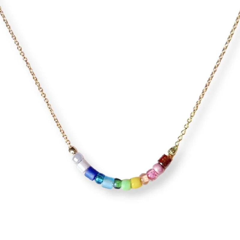 Women’s matching earrings and necklace set-Color Flight Dainty Beaded Necklace: Rainbow