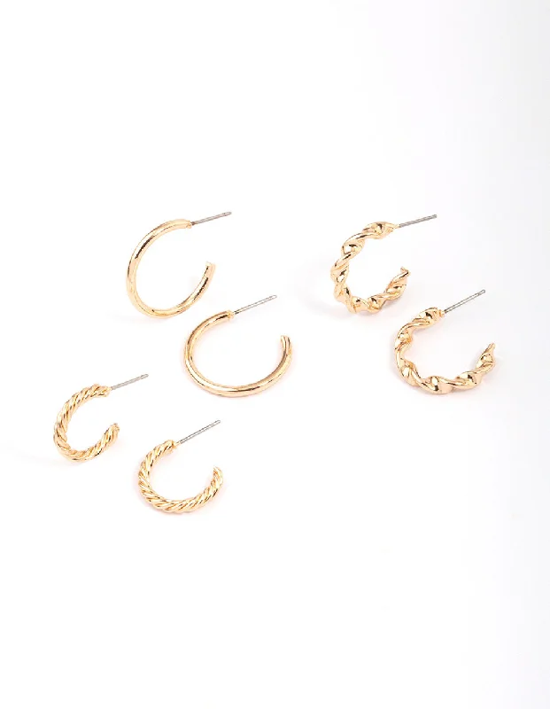 Women’s pearl earrings-Gold Twisted & Polished Hoop Earring 3-Pack