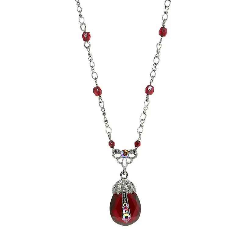 Women’s two-tone necklace-2028 Jewelry Siam Red Teardrop Pendant AB Crystal Accent Red Beaded Black Chain Necklace 16" + 3" Extender