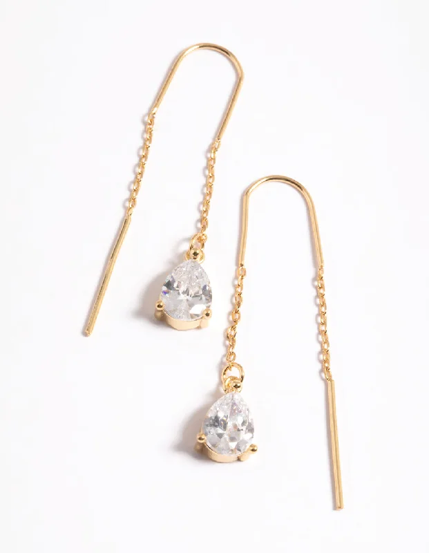 Women’s fashion earrings-Gold Plated Cubic Zirconia Teardrop Thread Earrings