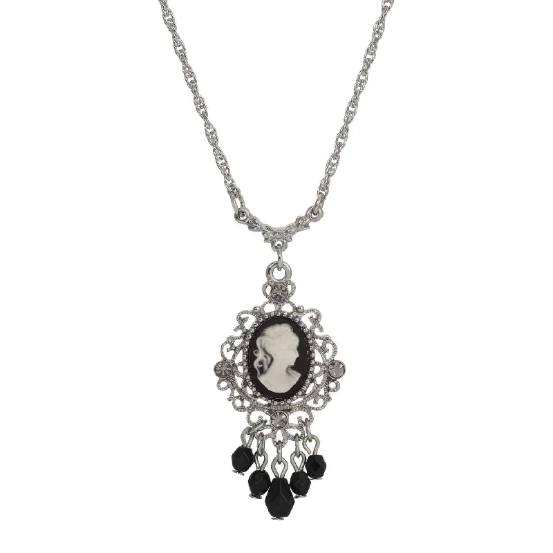 Women’s gold necklace-1928 Jewelry Black Diamond Crystal Cameo Drop Necklace 16" + 3" Extension