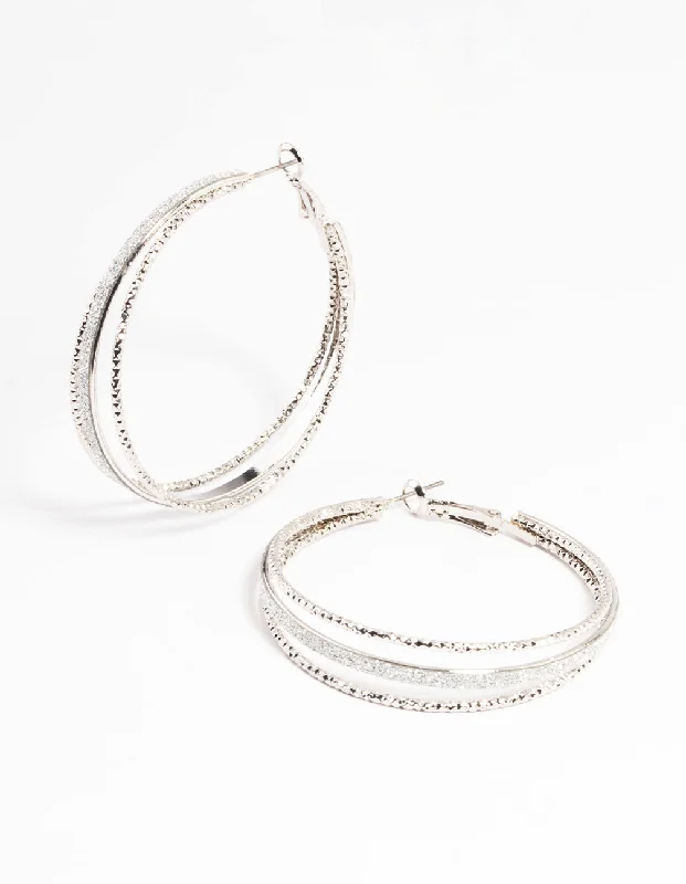 Women’s emerald earrings-Silver Textured Split Glitter Hoop Earrings