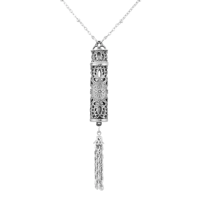 Women’s minimalist silver necklace-1928 Jewelry Antiqued Filigrana Glass Vial Tassel Necklace 28"