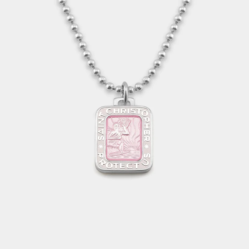 Women’s cocktail necklace-Rectangle St. Christopher - Pink / White