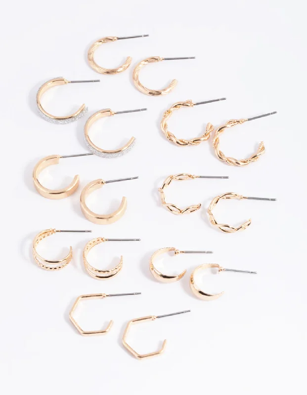 Women’s rainbow earrings-Gold Glittered & Textured Hoop Earring 8-Pack