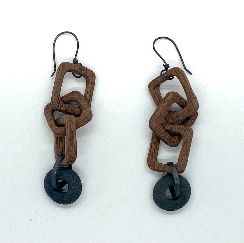 Women’s diamond chandelier earrings-Wood Chain and Rock Earrings