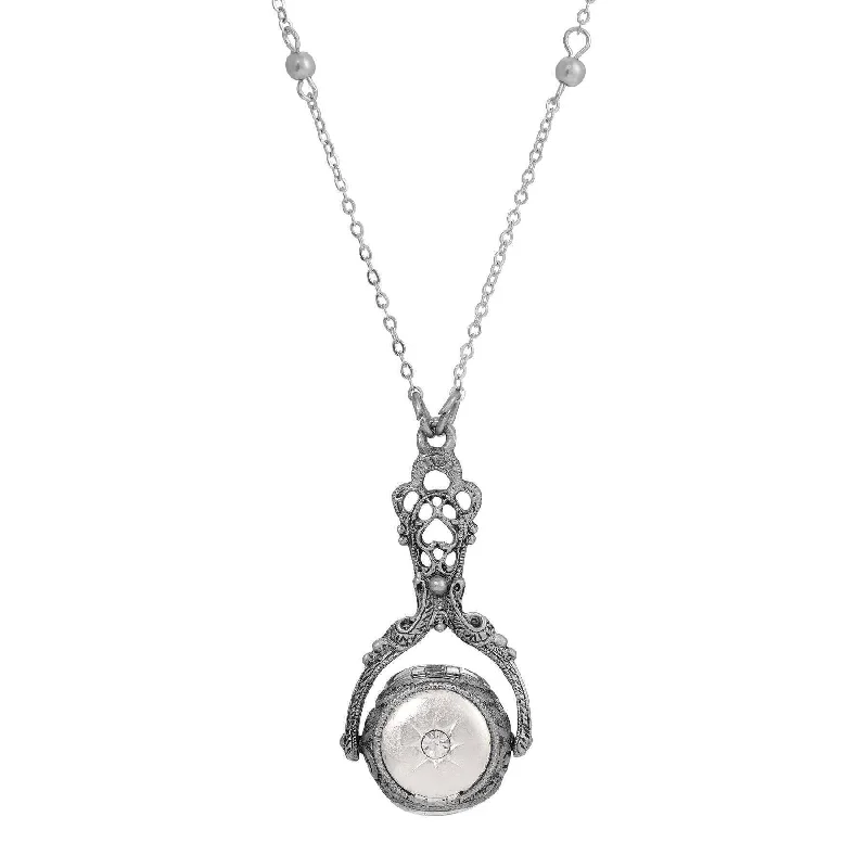 Women’s pearl choker necklace-1928 Jewelry Tri-Locket Floral Harmony Rotating Spinner Pendant Faux Pearl Necklace 28"