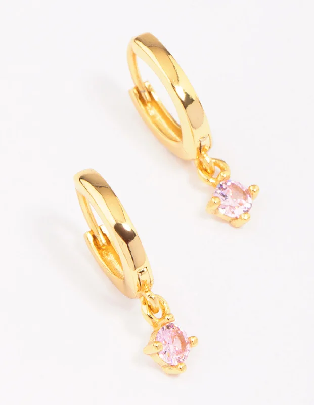 Women’s minimalist earrings-Gold Plated Sterling Silver Pink Cubic Zirconia Hoop Earrings