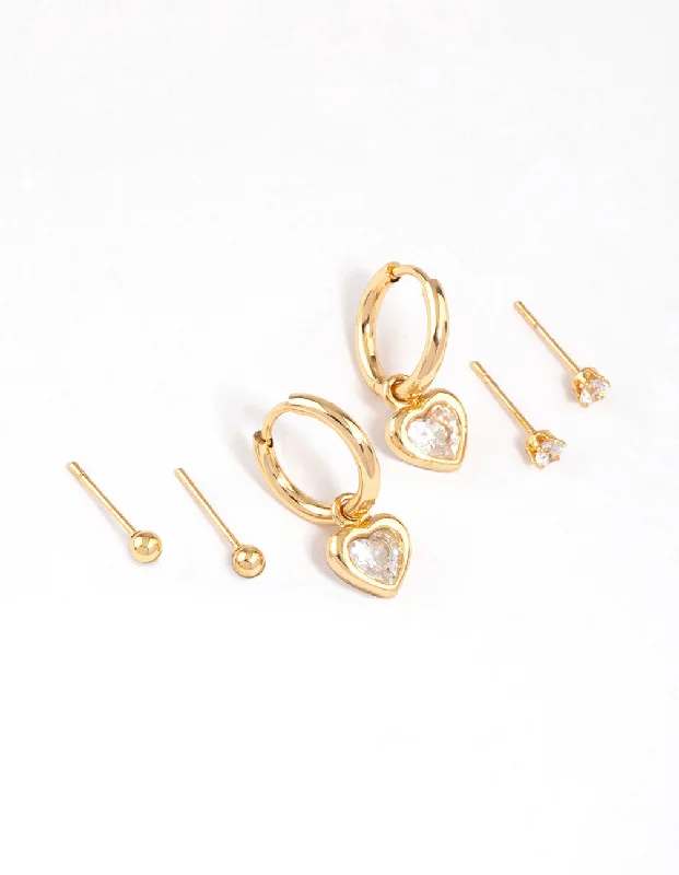 Women’s large earrings-Gold Plated Surgical Steel Chubby Heart & Stud Earrings Pack