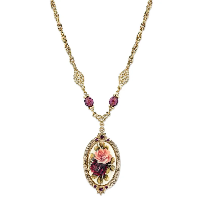 Women’s personalized birthstone necklace-1928 Jewelry Manor House Rose Pendant Amethyst Crystal Pendant Necklace 16" + 3" Extender