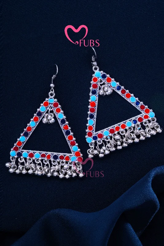 Women’s blue sapphire earrings-Technicolor Triangle Ghungroo Hook Earrings