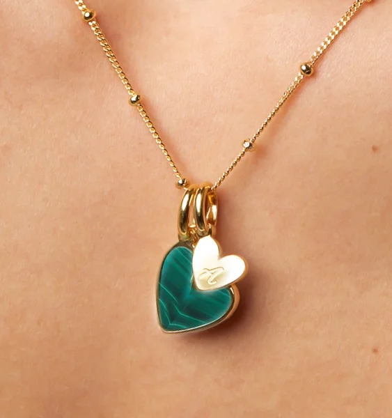 Women’s gemstone pendant necklace-Malachite Heart Initial Necklace