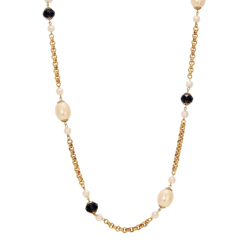 Women’s elegant diamond necklace-1928 Jewelry Montana Blue Crystal & Faux Pearl Gold Link Necklace 43"