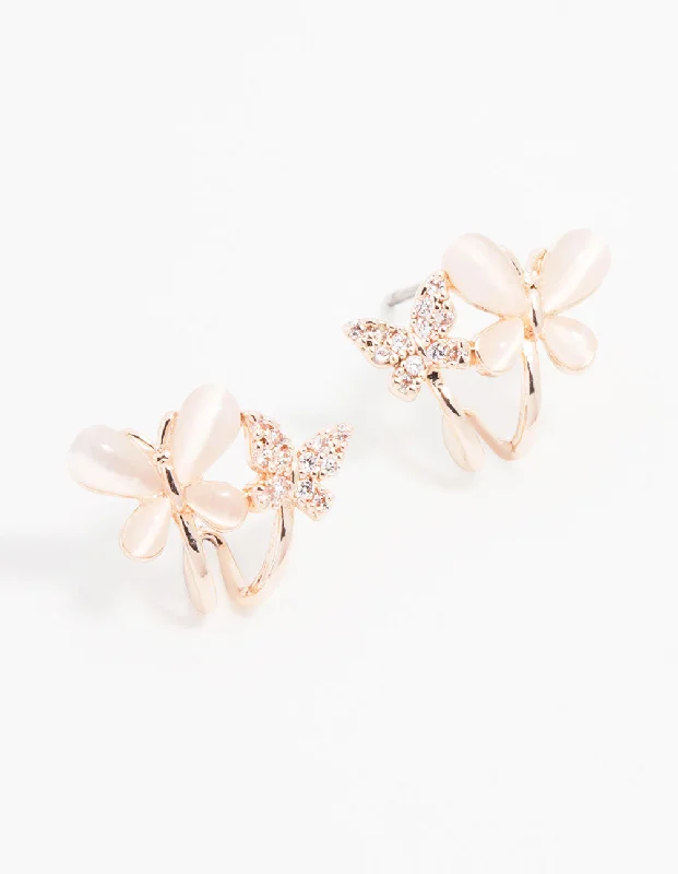 Women’s designer earrings-Rose Gold Plated Mini Double Butterfly Hoop Earrings