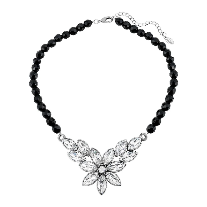 Women’s heart-shaped necklace-1928 Jewelry Austrian Crystal Flower & Black Glass Beaded Necklace 15 - 18" Adjustable