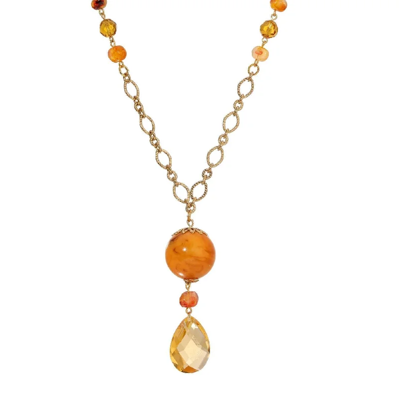 Women’s heart pendant necklace-1928 Jewelry Smoke Topaz Crystal Glass Briolette Faux Amber Bead Y-Necklace 28"