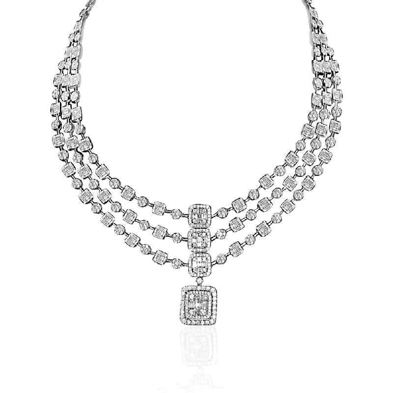 Women’s delicate necklace-Three Row Baguette Diamond Necklace