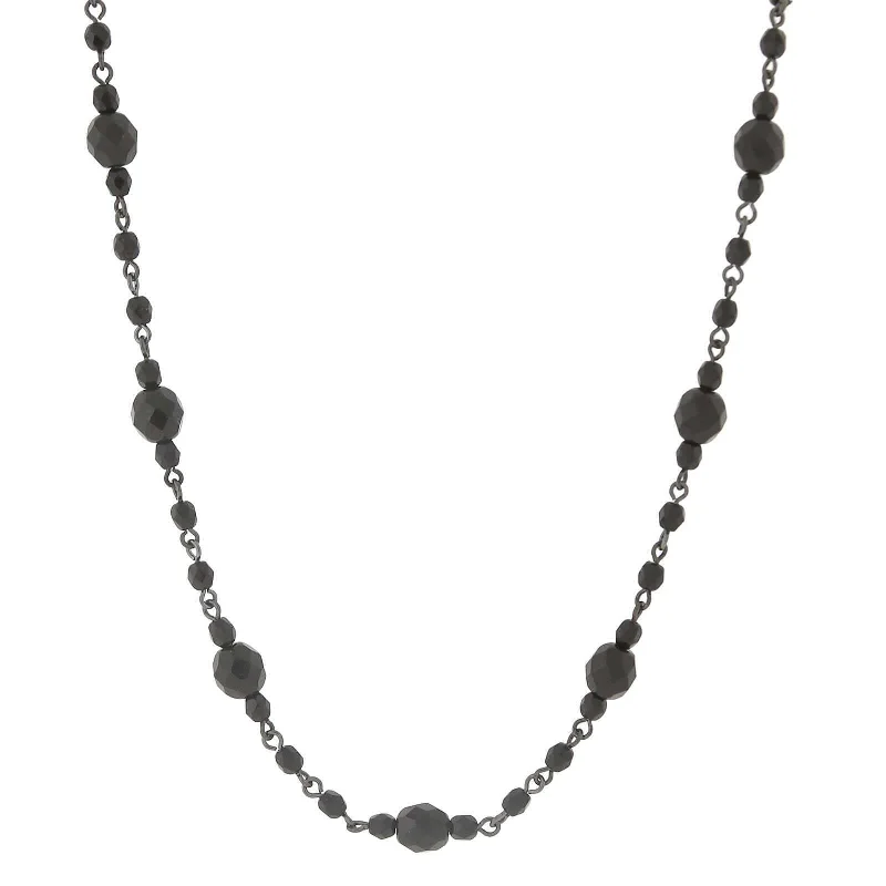 Women’s designer necklace-2028 Jet Black Fire Polished Glass Beaded Necklace 16" + 3" Extension