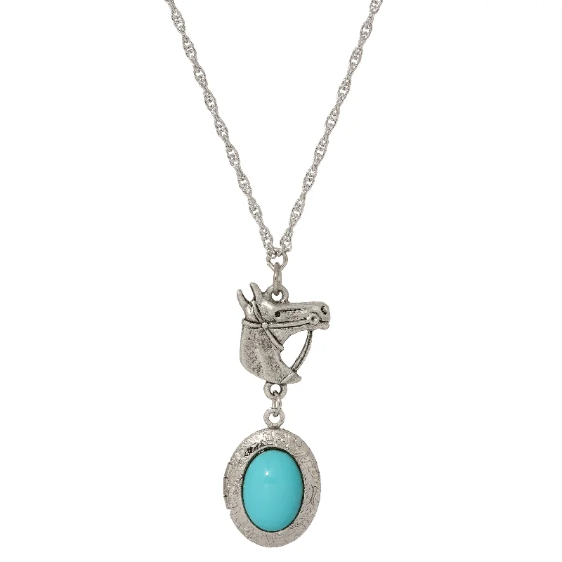 Women’s diamond solitaire necklace-1928 Jewelry Equestrian Charm Horsehead Pendant & Turquoise Stone Locket Necklace 24"