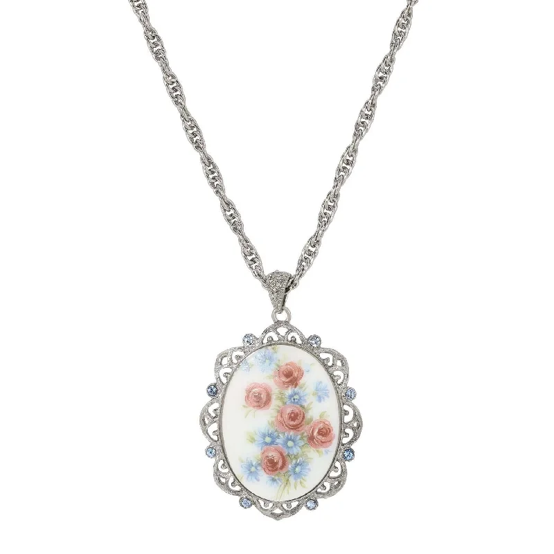 Women’s birthstone pendant necklace-1928 Jewelry Grecian Windflowers & Roses Light Sapphire Crystal Pendant Necklace 30"