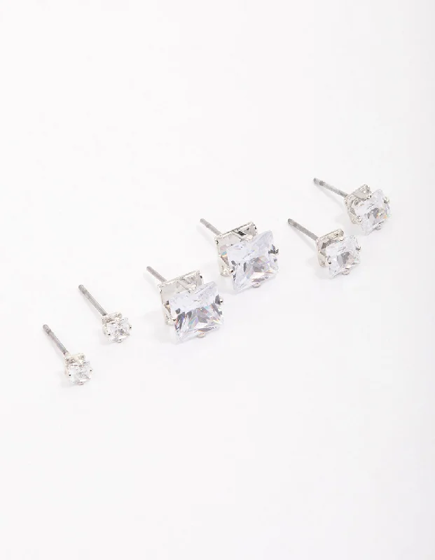 Women’s sapphire stud earrings-Silver Cubic Zirconia Square Graduated Earrings Pack