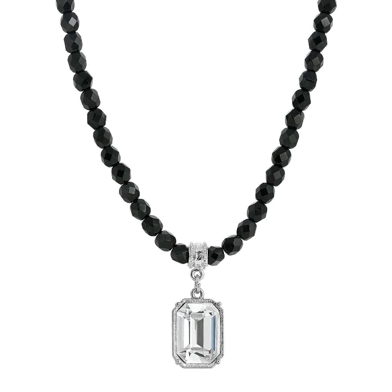 Women’s anniversary necklace-1928 Jewelry Genuine Octagon Austrian Crystal Black Glass Beaded Pendant Necklace 15" + 3" Extender