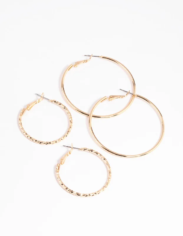 Women’s fashion drop earrings-Gold Textured Hoop Earring Set