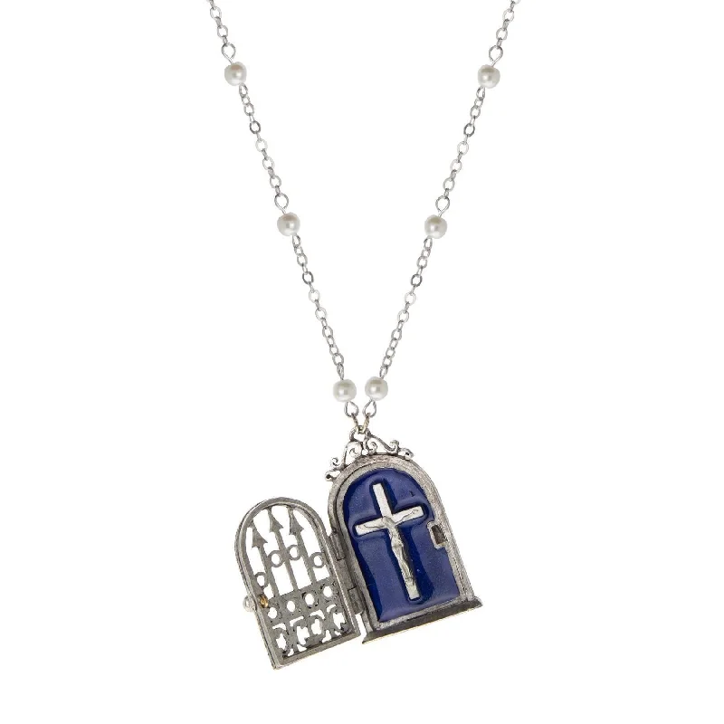 Women’s classic diamond necklace-Symbols Of Faith Gate & Crucifix Blue Enamel Reliquary Necklace 24"