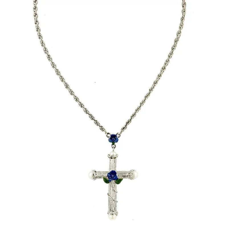 Women’s geometric necklace-1928 Jewelry Blue Rose Enamel Cross Pendant Necklace 30"