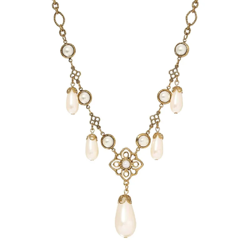 Women’s zodiac necklace-1928 Jewelry Golden Allure Teardrop Faux Pearl Pendant Necklace 15" + 3" Extension