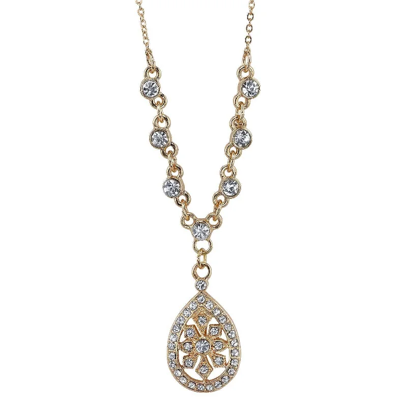 Women’s sapphire necklace-1928 Jewelry Crystal Filigree Teardrop Necklace 16" + 3" Extender